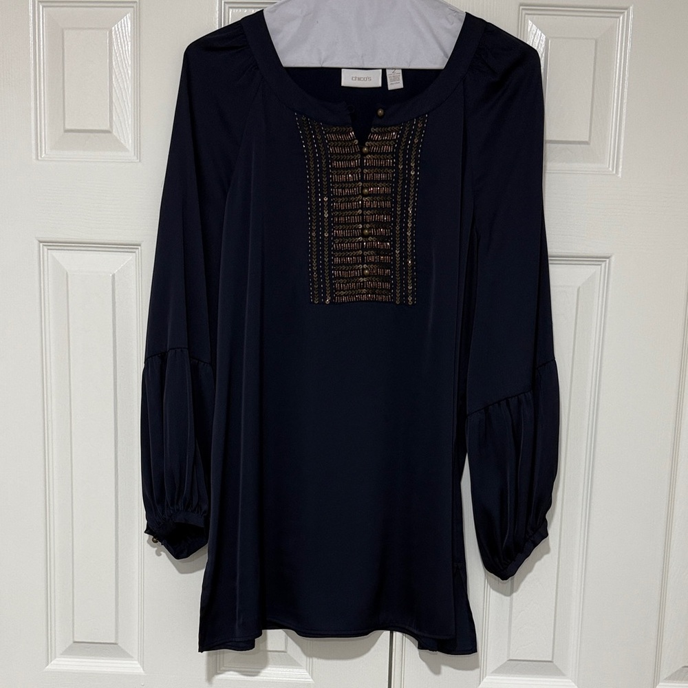 Chico's Navy Blue Blouse with Gold Accents